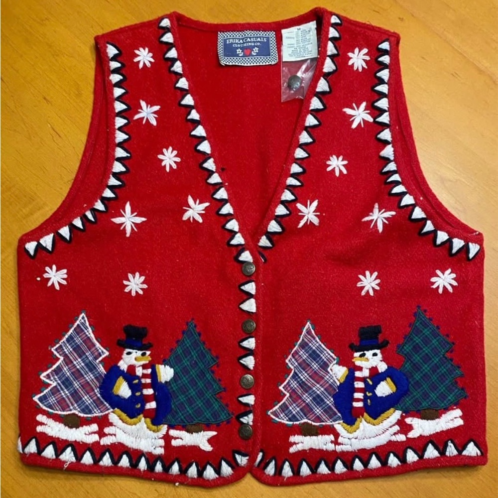 Vintage Erika Casuals Red Snowman Christmas Holiday Vest Medium
